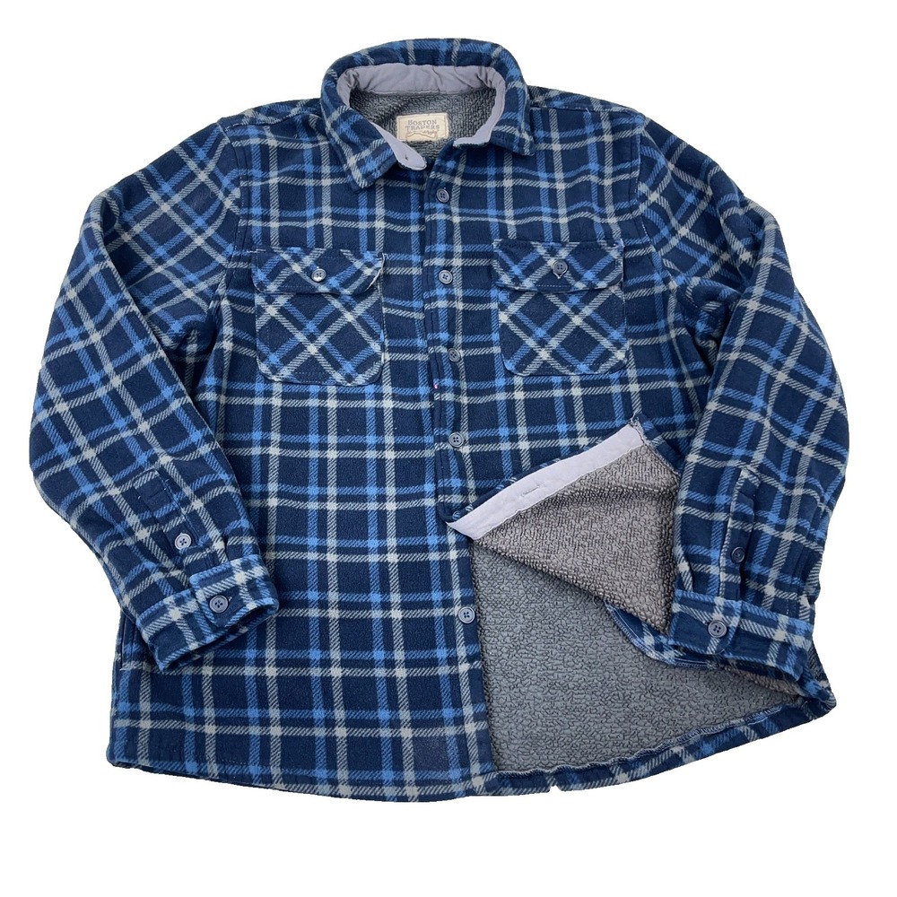 Boston Traders Shacket Men XL Blue Plaid Fleece Shirt Jacket Sherpa Lined A24*
